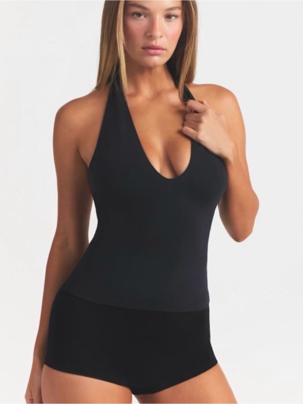 Skims Black Halter V-Neck Crop Top